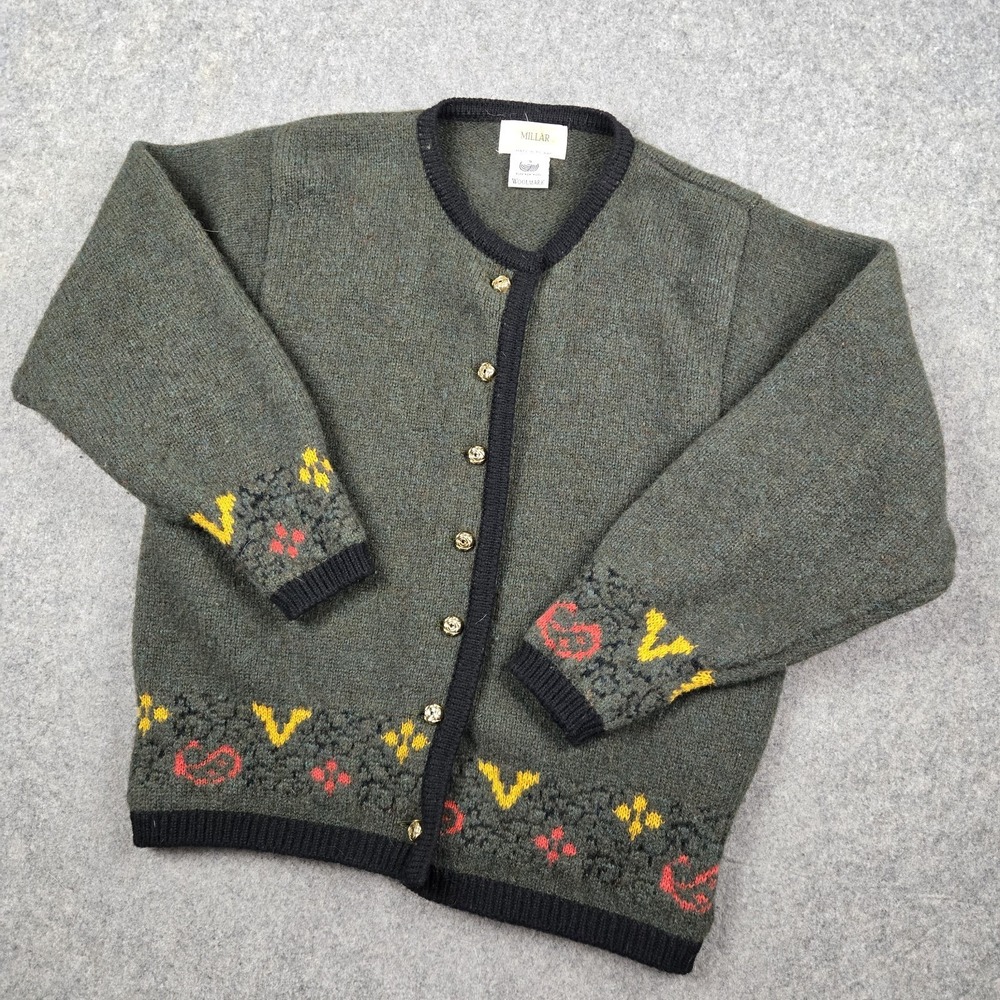 Vintage Millar Cardigan Sweater Womens Small Green Fair Isle 100% Wool Ireland